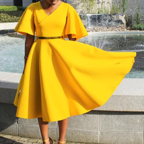 Pulcykp Women Solid Round Neck Party Dress African Flare Sleeve A-Line Dress3