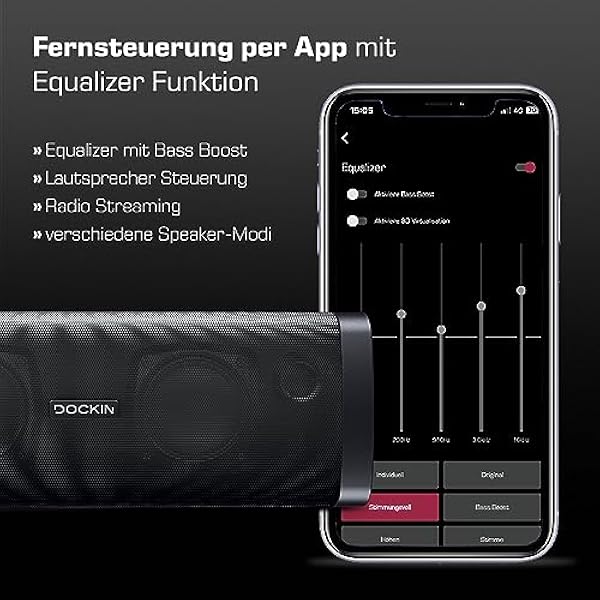 DOCKIN D Fine Altavoz Portátil Bluetooth de 50W Impermeable IP55, hasta 10 Horas de Reproducción con Sonido de Alta Fidelidad y Estereo, Powerbank, NFC, Negro, Diseñado en Alemania