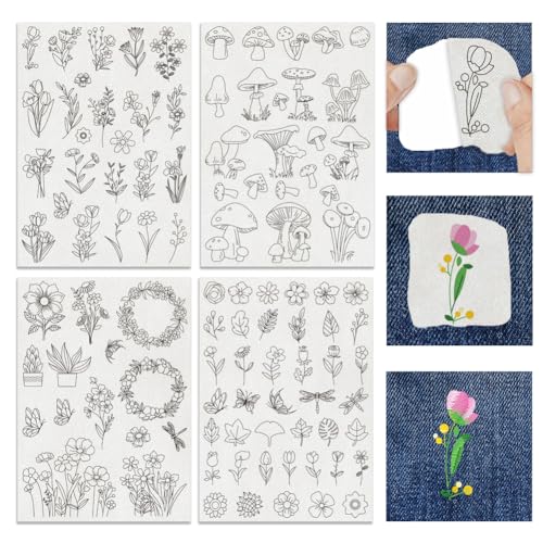 BEUNITONE 4PCS Plants Flowers Mushrooms Water Soluble Embroidery Stabilizers Water Soluble Stick and Stitch Embroidery Paper with Flowers Mushrooms Plants Pattern