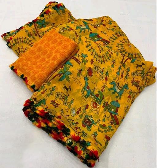 Image of Yashika Women's Printed Georgette Printed Saree With Lace Border and Blouse Material