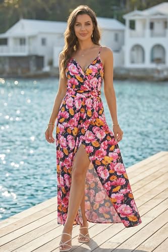 Image of Newshows Women's 2026 Lightweight Summer Wedding Guest Beach Vacation Casual V Neck Split Flowy Maxi Dress