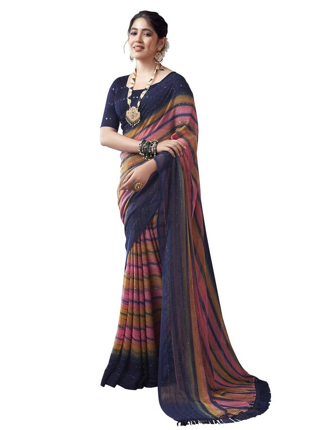 Satrani Women's Georgette Glitter Zari Stripe Printed Saree With Unstitched Blouse Piece (3498S723N_Navy Blue & Turmeric & Pink)