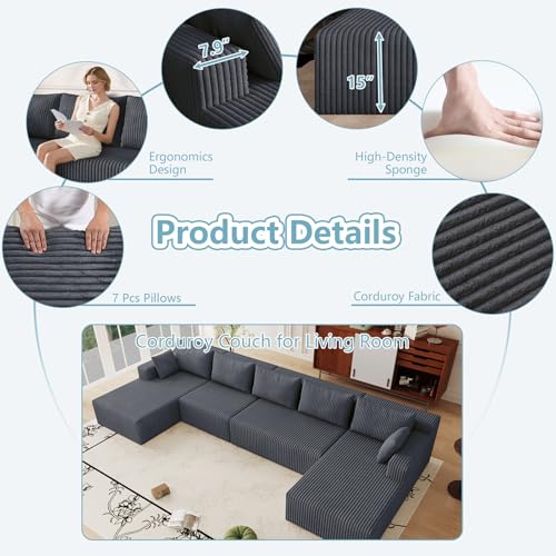 Image of 160 inch W Cloud Sectional Couch,Modern U-Shaped Cloud Couch with Deep Seat,Comfy Corduroy Sofa,Memory Foam Sofa for Living Room,No Assembly (Dark Grey)