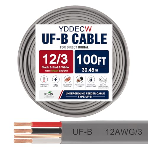 Image of 12 /3 UF-B Wire - 100FT 100% Pure Copper 12AWG 3 Connector Direct Burial Electrical Cable 12 Gauge for Underground Feeder Wet or Corrosive Locations Indoor & Outdoor etc