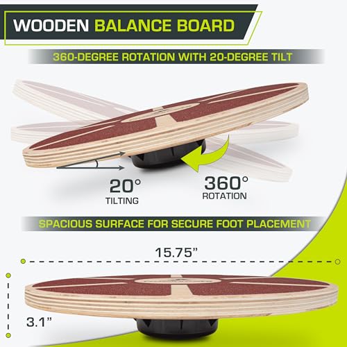 Image of ProsourceFit Wooden Balance Board Non-Slip Wobble Core Trainer 15.75in (39.5cm) Diameter with 360 Rotation for Stability Training, Full Body Exercises, Physical Therapy