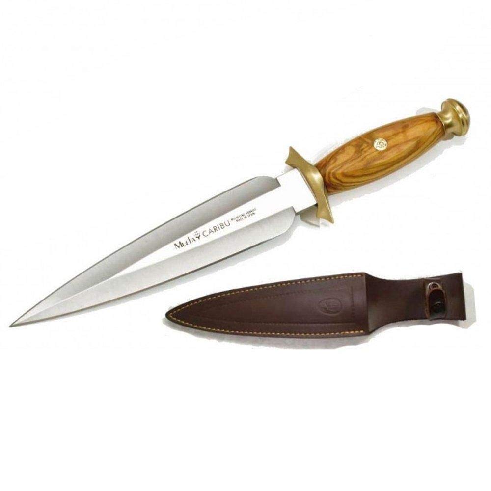 Muela Cuchillo CARIBU.OL hoja de acero ACX-380 de 20,5 cm y empuñadura de madera de olivo para Caza, Pesca, Supervivencia y Bushcraft Realizado en Ciudad Real + Portabotellas de regalo