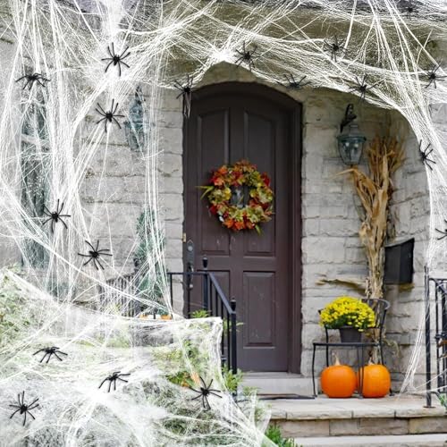 Suaflny Halloween Ragnatela Decorazioni, 300g Ragnatela Elastica con 100 Ragni Finti, Decorazioni di Halloween, Ragnatele Estensibili per Spaventose Decorazioni per Feste di Halloween (Bianco)