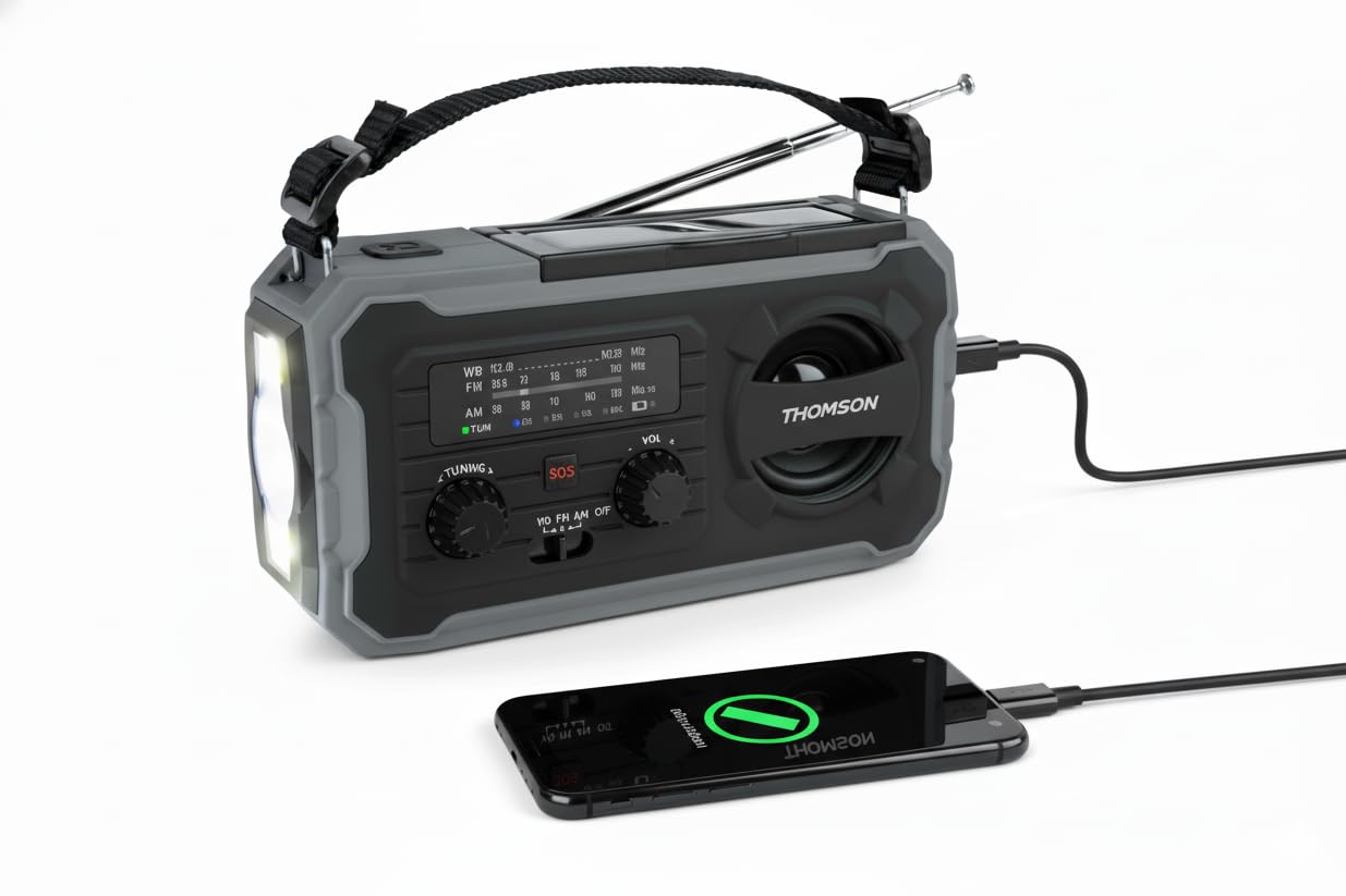 THOMSON Radio Solaire d’Urgence Portable, Survie Dynamo FM/AM, Lampe Torche LED, Alarme SOS, Batterie Rechargeable 4000mAh et Chargeur Smartphone USB-C, pour Camping, Dépannage – Gris - RT280G