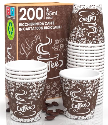 Eurocali Lot de 200 gobelets à café en papier, 65 ml, Coffee Liberty, recyclables, gobelets jetables, petits, pour boissons chaudes