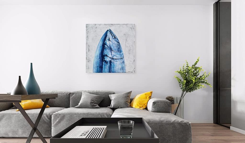 Blue and White Canvas Wall Art with Textured - Modern Fish Paintings - Contemporary Square Coastal Pictures for Living Room Bedroom Bathroom Decor Blue White Fish 20x20IN