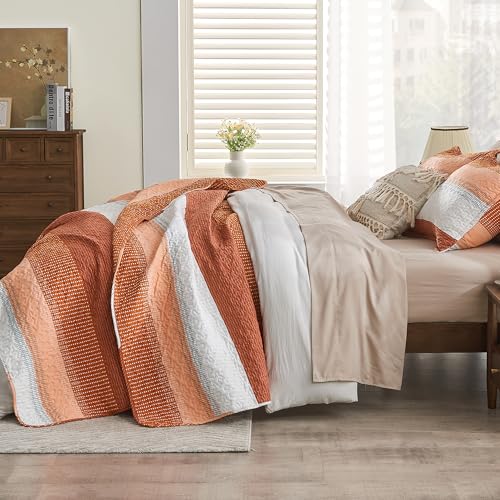 Image of Andency Orange Quilt King(106x96Inch), 3 Pieces (1 Striped Quilt and 2 Pillowcases) Patchwork Striped Bedspread Coverlet Set, Soft Lightweight All Season Quilted Bedding Set