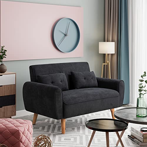 Vongrasig 47" Small Modern Loveseat Sofa, Mid Century Linen Fabric 2-Seat Sofa Couch Tufted Love Seat With Back Cushions And Tapered Wood Legs For Living Room, Bedroom And Small Space (Black) #TOP2