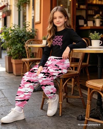 Image of Betusline Girls Fall Winter Clothing Sets, Long Sleeve Crop Top & Cargo Jogger Pants 2 Piece Outfit Sets,4T-14Y