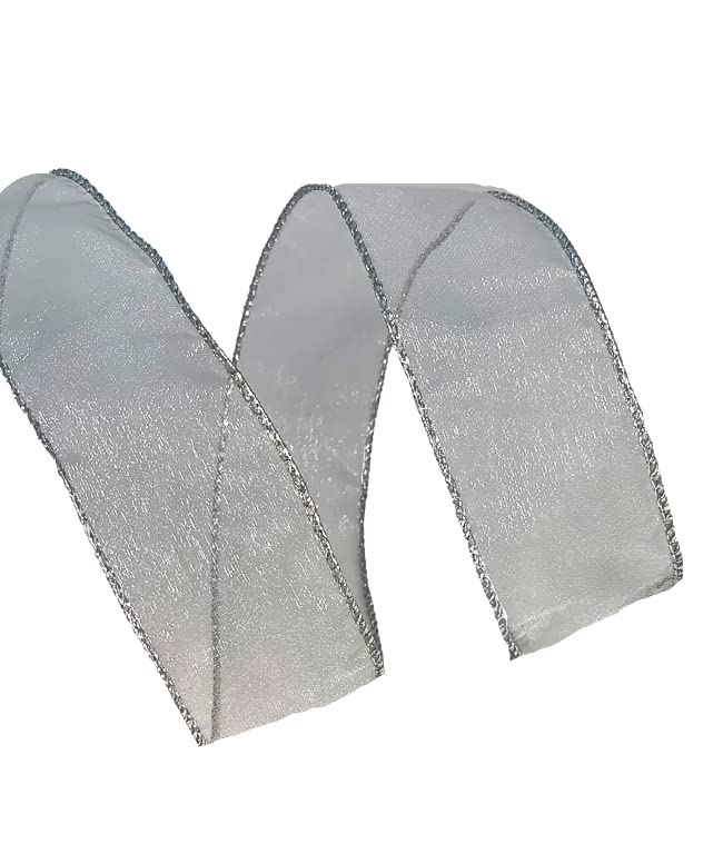 Image of Sheer Silver Metallic Edge Ribbon - 1 1 /2 inch x 50 Yards, Christmas, Wedding, Reception, Anniversary, Centerpiece, Bouquet, Wreath, Swag, Garland, NYE