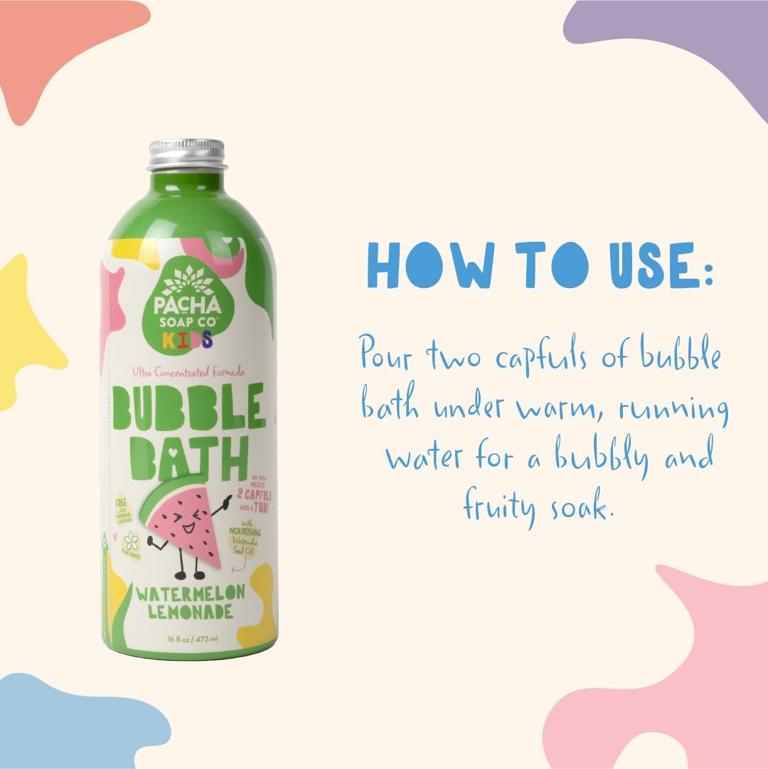 Pacha Soap Co. Kids Bubble Bath, Watermelon Lemonade - Tear-Free, Dye and SLS-Free, Ultra-Concentrated, Foaming, Plant-Based, Vegan, Vitamin-Rich, Non-Toxic, Recyclable, Made in The USA, 2-Pack