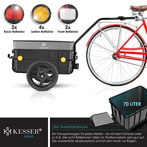 KESSER® Fahrradanhänger, Lastenanhänger, Handwagen mit Kupplung, Hochdeichsel, für Fahrrad Transportanhänger Transportbox mit 70 Liter Volumen, Max. 60kg, + Zubehör für Fahrräder mit 26-28, Grau