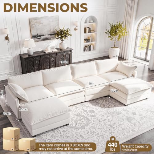 Image of 146 inch U-Shape Modular Sofa with 2 Ottomans, Deep Seat Cloud Convertible Sleeper, 2 Arm Pillows, Comfortable Large Upholstered Furniture for Living Room Apartment, Beige