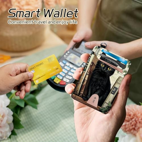 Image of Small Travel Wallets, Black Cat Books Slim Minimalist Front Pocket Wallet with Wristlet, RFID Blocking PU Leather Credit Card Holder with ID Window Change Purse for Men Women