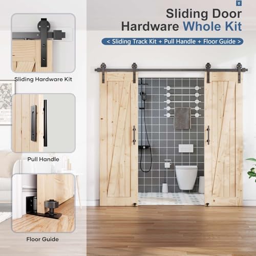 Image of EaseLife 8FT Double Door Sliding Barn Door Hardware Track Kit & Handle,Big Industrial Spoke Wheel,Wall Mount,Slide Smoothly Quietly,Easy Install,Black,96 inch Track Fit for 44-46 inch Wide Opening (No Door)