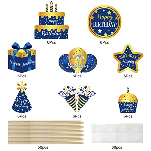 48Pcs Happy Birthday Cake Toppers Decorations For Boys Men, Blue Gold Birthday Cupcake Toppers Sign Decor, 16Th 21St 30Th 40Th 50Th 60Th 70Th Bday Cupcake Picks Party Supplies #TOP2