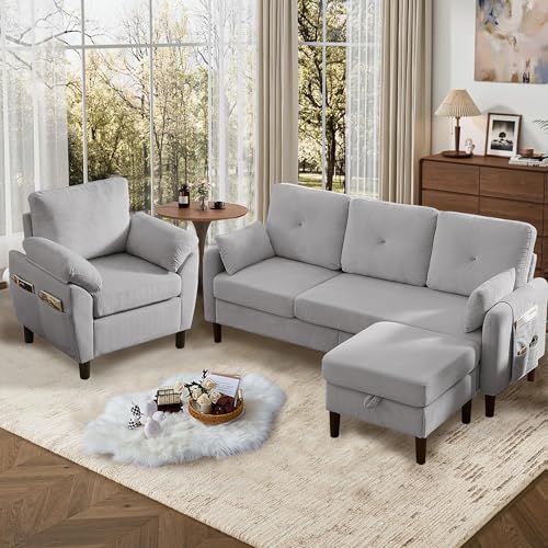 Image of 3 Pieces Sofa Set for Living Room with Sofa, Storage Ottoman and Single Chair