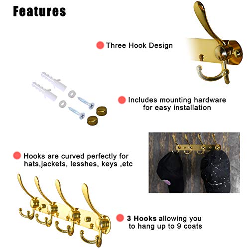 Dseap Coat Rack Wall Mounted - 5 Tri Hooks, Heavy Duty, Stainless Steel, Metal Coat Hook Rail for Coat Hat Towel Purse Robes Mudroom Bathroom Entryway (Gold, 2 Packs) - Thumbnail 7
