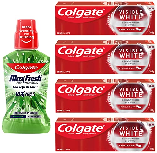 Image of Colgate Visible White Teeth Whitening Toothpaste, Pack Of 400G (100G X 4) & Plax Fresh Tea Mouthwash, 0% Alcohol - 500 Ml