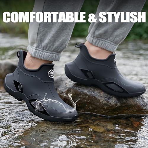 Image of Men's Ankle Rain Boots - Slip On Waterproof Garden Shoes - Comfortable Lightweight Black Rubber Fishing shoes
