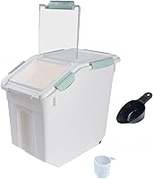 Vista 1 de Recipiente hermético de almacenamiento de harina de 25 libras con tapa de bloqueo de sellado de ruedas, recipientes para alimentos con taza medidora