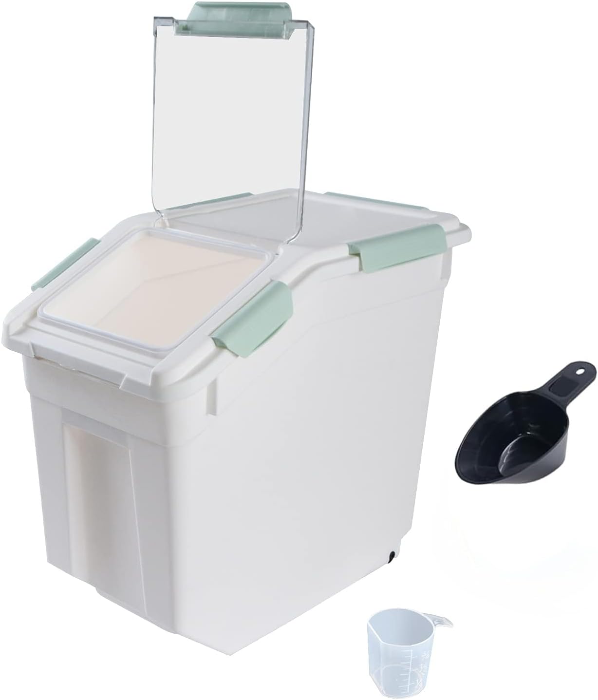 Airtight Flour Storage Container 25 lb Rice Storage Container with Wheels Seal Locking Lid, Food Containers with Measuring Cup& Scoop for Flour, Rice, Grain(Cyan)