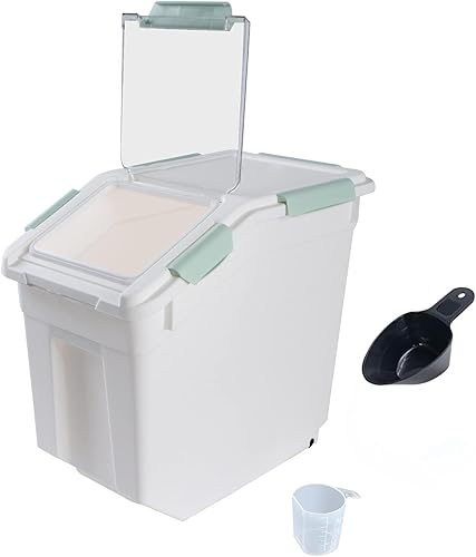 Recipiente hermético de almacenamiento de harina de 25 libras con tapa de bloqueo de sellado de ruedas, recipientes para alimentos con taza medidora