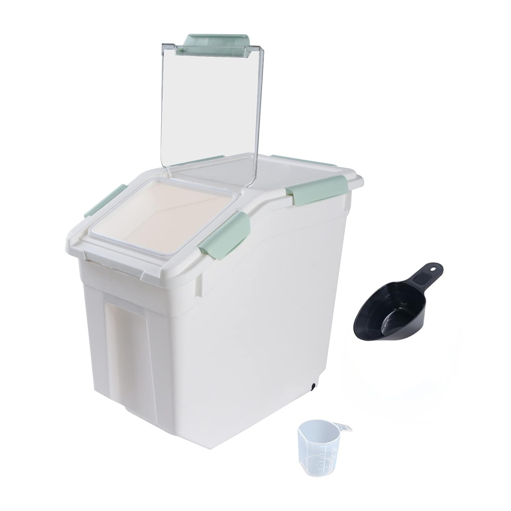 Airtight Flour Storage Container 25 lb Rice Storage Container with Wheels Seal Locking Lid, Food Containers with Measuring Cup& Scoop for Flour, Rice, Grain(Cyan)