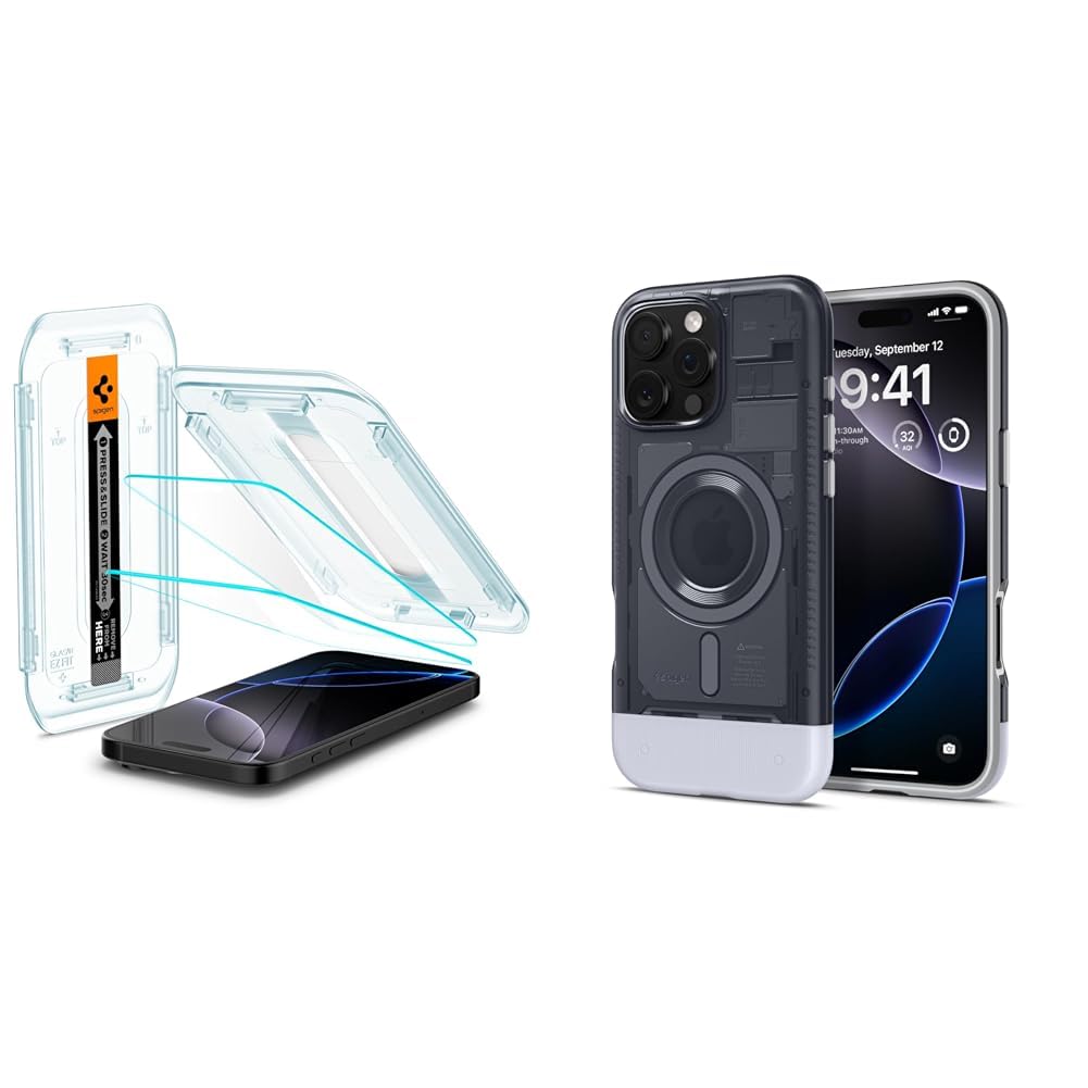 Spigen iPhone 16 Pro Cam Ekran Koruyucu Kolay Kurulum Glas.tR EZ Fit Slim HD (2 Adet) - AGL07928 & iPhone 16 Pro Kılıf Classic C1 MagFit MagSafe özellikli Graphite - ACS08152