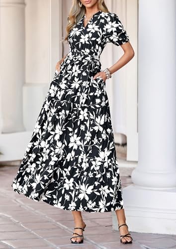 Image of PRETTYGARDEN Women's Summer Boho Floral Maxi Dresses | Bohemian Flower, Short Sleeve V Neck, Fit and Flare, A Line, Flowy Tiered, Belt Pocket, Wedding Guest, Beach Vacation Outfits