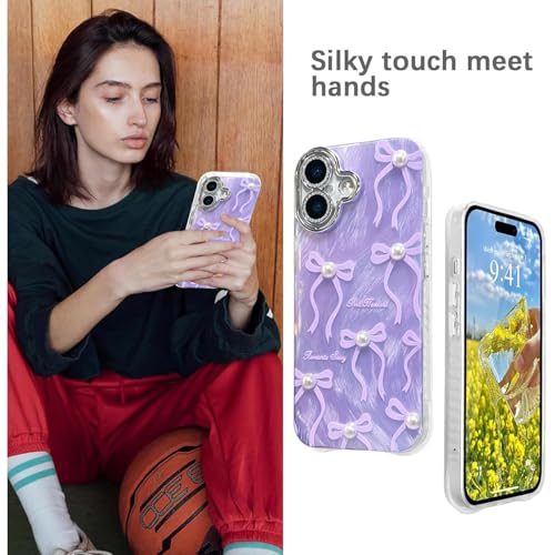 Image of VONZEE Compatible with iPhone 17 6.3'' Case Luxury Pink Girly Cute 3D Bow Pearl Glitter Bling Case with Full Camera Protection Shockproof PC+TPU Glossy Shiny Cover for Girls Women, Purple