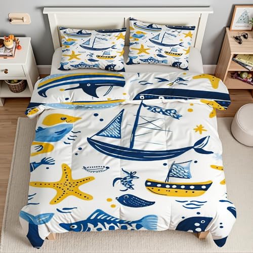 Parure de lit bleu avec housse de couette 160x200 microfibre douce motif marin - 3
