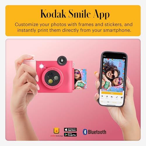 Image of Kodak Smile+ 2-in-1 Digital Instant Print Camera & Printer Gift Bundle + Case + Zink 2x3 Sticky Back Photo Paper 20pk + Album + Sticker Sets + Sticker Frames + Hanging Frames + Markers - Fuchsia