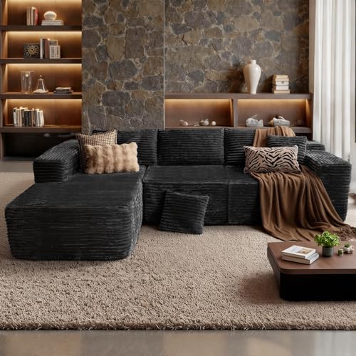Aivermeil Boneless Couch Cloud Corner Sofa 282cm L-Shaped Modular Corduroy Couch with Memory Foam & Ottoman No Assembly 34 Seater - Cord/Black
