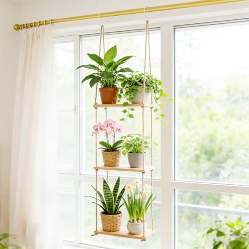 Leafory 3 Tier Window Plant Shelves, Hanging Wood Floating Shelves