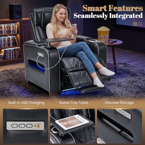 Image of Luxury Home Theater Seating, Dual Motor Power Recliner Chair with Adjustable Headrests, Reclining Movie Theater Seats with Extended Footrest, Tray Table for Living Room (Black)