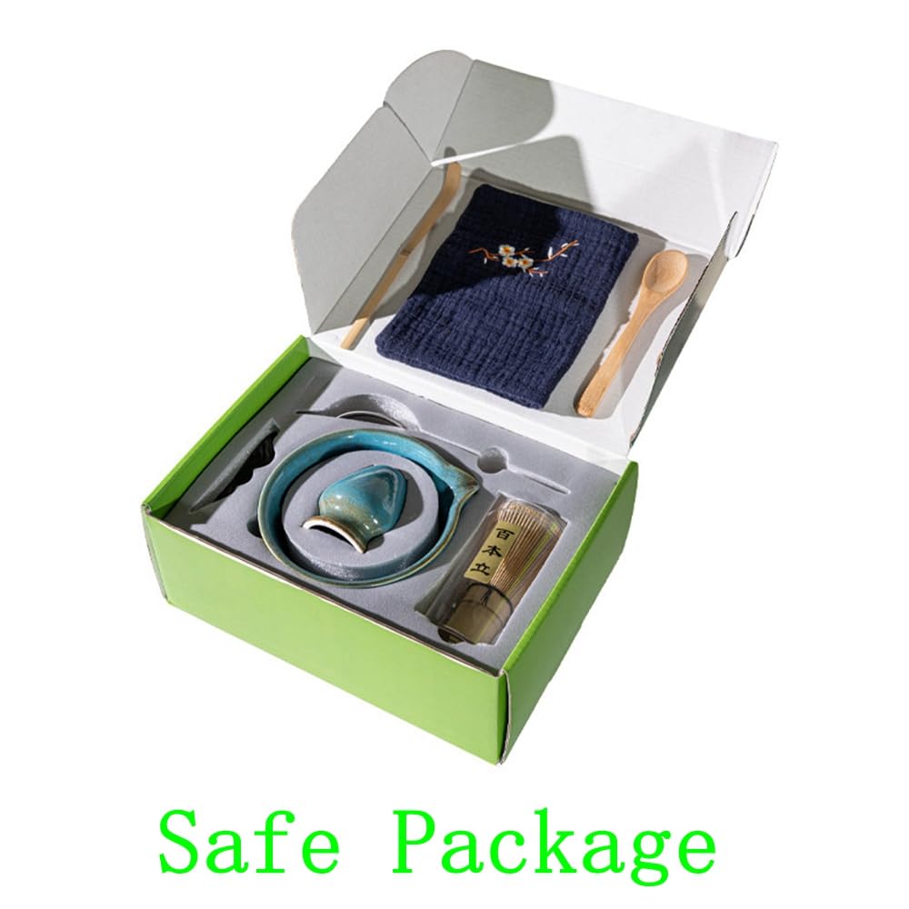 Juego de 8 batidores de matcha con caja de regalo verde intenso, juego de kit tradicional de ceremonia de té japonés, juego de cuencos de cerámica para cambiar el horno, juego de cuencos de matcha a