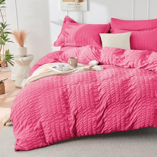 Image of HYMOKEGE Hot Pink Full Size Comforter Sets Seersucker 7 Pieces, All Season Luxury Bed in a Bag for Bedroom, Bedding Set with Comforter, Sheets, Pillowcases & Shams