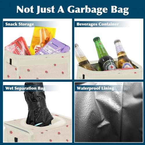 Image of Femuar Leak Proof Car Trash Can with Lid, Collapsible Hanging Waterproof Car Trash Bag with Mesh Pocket for SUV Front Seat Headrest, Beige Strawberry