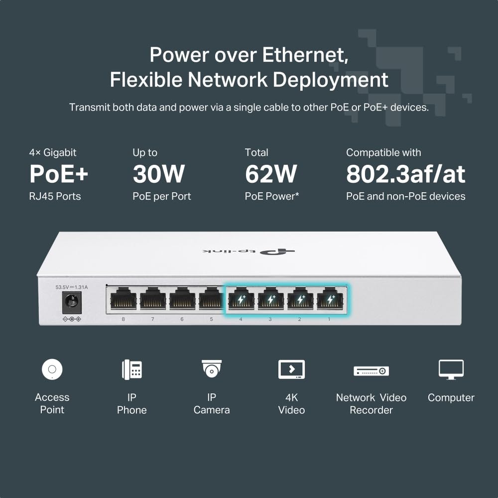 TP-Link Festa FS308GP | 8-portowy przełącznik Gigabit Smart z 4 portami PoE+ | 62W budżet PoE | Zarządzanie w chmurze