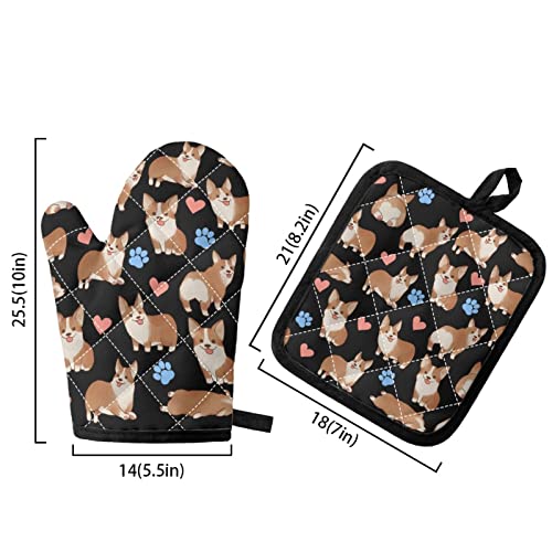 Cute Corgi Oven Mitts And Pot Holders 2Pcs Set,Cute Animal Collage Heat Resistant Long Potholders And Baking Gloves With Non-Slip Surface For Cooking, Bbq #TOP1