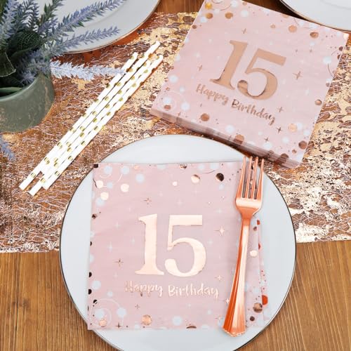 Servietten 15. geburtstag, 30 Stück Rosa Geburtstags Servietten, Happy Birthday 15 Servietten, 3-Lagig Milestone 15 Tischdekoration Papierservietten für mädchen Geburtstag Feiern Party Jubiläum