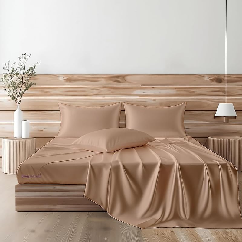 Image of Premium Satin Single Bed (60x90 Inchs) with 1 Pillow Cover Bedsheet Ultra Soft & Silky Smooth, Breathable Cooling Fabric, Luxury Glossy Finish|Bear Beige