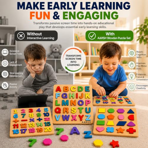 Image of 3 in 1 Wooden Educational Puzzle Board Toddler | ABCD Alphabet Number Shape Learning Toy | Kids 1-3 Years Montessori Skill Builder | Early Education Gift | Toddler Learning Activity | Multicolor