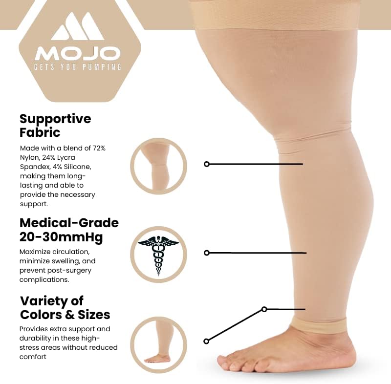 Mojo Compression Socks - 3X-Large Thigh High Support for Circulatory and Lymphatic Issues - Plus Size Leg Sleeves with Grip Top - DVT & Lymphedema Relief - Beige