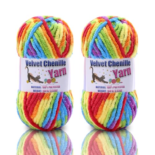 Image of 2 * 100g /3.5oz Fluffy Chenille Yarn for Crocheting, Chunky Velvet Yarn for Crochet Amigurumi, Used for Making Baby Yarns Blanket, Clothes, Pattern Knitting Creations (2- Bright Rainbow)